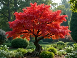 Japanese Maple Focal Point - Elegant Japanese maple tree with vibrant red leaves as a garden centerpiece, surrounded by low-growing hostas and ferns, soft natural lighting, photorealistic