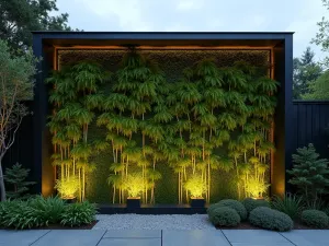 Japanese Vertical Garden - Wide shot of a zen-inspired vertical garden featuring bamboo, Japanese forest grass, and moss, with minimal black architectural frames and gentle lighting at dusk