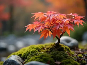 Dwarf Korean Maple Vignette - Close-up of dwarf Korean maple with delicate red-orange leaves, moss-covered rocks beneath, shallow depth of field