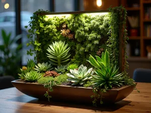 Living Wall Centerpiece - Modern vertical garden centerpiece with cascading succulents and trailing vines, integrated LED lighting strips highlighting textural plants at night