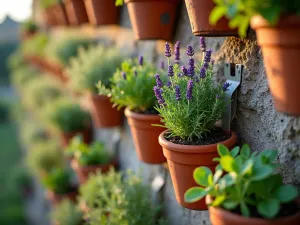 Mediterranean Herb Wall - Close-up of a terracotta vertical planting system filled with aromatic Mediterranean herbs, showing detailed texture of sage, thyme, and lavender in evening light