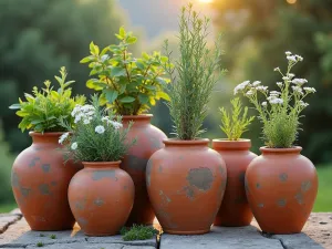 Mediterranean Olive Jar Collection - Group of weathered terracotta olive jars of varying heights planted with Mediterranean herbs, cypress, and white flowering plants, evening light