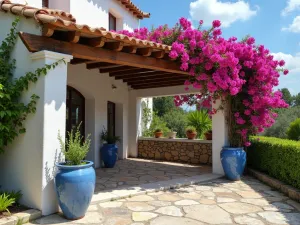 Mediterranean Pergola Retreat - Wide shot of a whitewashed stone pergola with terracotta roof tiles, draped with cascading bougainvillea, blue ceramic pots underneath