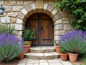 Mediterranean Stone Focal Point - Close-up of a weathered limestone formation surrounded by lavender and rosemary, with terra cotta pots and Mediterranean herbs creating a rustic European feel