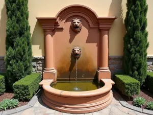 Mediterranean Wall Fountain - Aerial view of a traditional Mediterranean wall fountain with weathered terracotta finish, featuring lion head spouts and a collection basin surrounded by Italian cypress and rosemary