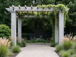 Minimalist Concrete Pergola - Aerial view of a geometric concrete pergola with slim columns, adorned with trailing silver falls dichondra, surrounded by gravel and ornamental grasses