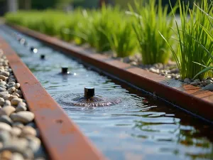 Minimalist Water Channel - Close-up of a linear water channel with cor-ten steel edges, featuring small water jets and lined with Mexican beach pebbles and sedge grass