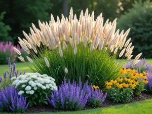 Elegant Mixed Border with Ornamental Grass Centerpiece - A perfectly balanced mixed garden border with tall Miscanthus grass as a dramatic centerpiece, surrounded by layers of purple salvias, white echinacea, and yellow rudbeckia, captured in soft morning light, photorealistic garden photography