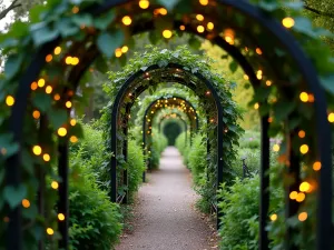 Modern Garden Arch Tunnel - Close-up perspective through a series of connected black metal garden arches creating a tunnel effect, covered in climbing honeysuckle and fairy lights