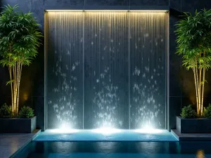 Modern Glass Water Wall - Close-up view of a contemporary glass water wall with LED lighting, creating a seamless curtain of water against a dark granite backdrop, surrounded by architectural bamboo plants