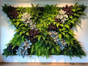 Modern Living Wall Pattern - A striking geometric living wall installation featuring alternating patterns of silver heuchera, dark purple ajuga, and bright green ferns, arranged in a modern diamond pattern against a sleek white wall, shot straight on with dramatic lighting