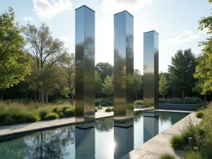 Modern Mirror Columns - Three stainless steel mirror-finish columns of varying heights reflecting the surrounding garden and sky, set in a minimalist landscape