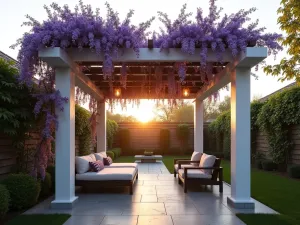 Modern White Pergola at Sunset - A contemporary white pergola with clean lines as a garden centerpiece, draped with purple wisteria blooms, backlit by warm sunset light, modern outdoor pendant lights hanging from beams