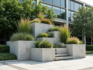 Modernist Concrete Block Planter - Wide angle view of geometric concrete blocks arranged as a sculptural planter filled with architectural plants and grasses, modern design