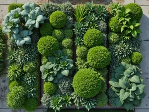 Modernist Green Panels - Aerial view of a contemporary vertical garden installation with modular panels creating bold stripes of different textured foliage plants, integrated into concrete architecture