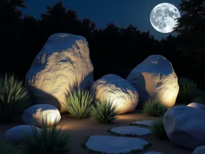 Moonlit Boulder Garden - Night scene of large granite boulders artfully arranged with uplighting creating dramatic shadows, surrounded by silver-leaved plants glowing in the moonlight