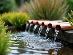 Musical Water Feature - Close-up of a contemporary water feature with multiple copper tubes creating musical water drops, surrounded by New Zealand flax and rainbow chrome ferns