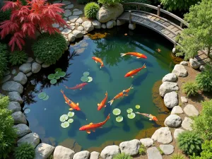 Natural Koi Pond Overview - Aerial view of a naturally shaped koi pond with water lilies, featuring stone borders, wooden bridge, and surrounding Japanese maples, creating a serene Asian-inspired garden centerpiece