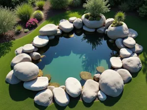 Natural Rock Pool Centerpiece - Aerial view of a natural-looking rock pool formation with carefully placed boulders creating a reflection pool, surrounded by water-loving plants