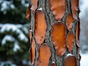 Paperbark Maple Winter - Detail shot of paperbark maple's exfoliating copper-colored bark in winter, dusted with snow, dark evergreen background