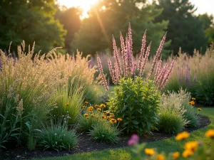 Prairie-Style Mixed Border - Natural-style border centered around tall joe pye weed, with flowing waves of Russian sage, coneflowers, and prairie dropseed grass, photographed in golden hour light