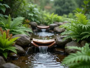 Rain Chain Water Feature - Detail shot of a copper rain chain centerpiece during rainfall, leading to a small reflection pool surrounded by moisture-loving ferns and hostas