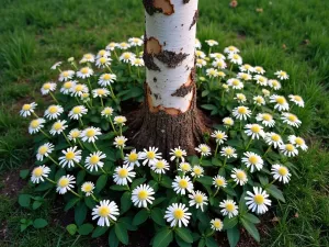 Multi-Stem River Birch - Aerial view of multi-stemmed river birch with peeling cinnamon bark, surrounded by circular pattern of white echinacea flowers