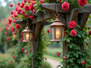 Rustic Natural Wood Arbor - Close-up view of a weathered cedar arbor with climbing red roses and clematis, decorated with vintage copper lanterns, morning dew visible on plants