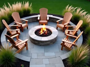 Rustic Fire Pit Circle - Overhead view of a circular stone fire pit centerpiece surrounded by comfortable Adirondack chairs and ornamental grasses swaying in the breeze