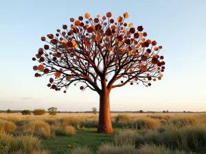 Rustic Metal Tree - Wide shot of a 12-foot weathered corten steel tree sculpture with copper leaves that move in the wind, set in a prairie-style garden