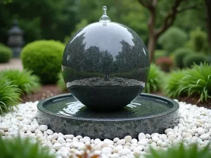 Sphere Fountain Display - Wide shot of a polished granite sphere fountain rotating on a water base, surrounded by a circular pattern of white pebbles and Japanese forest grass