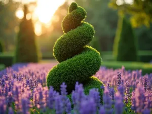 Spiral Topiary Elegance - Close-up of perfectly manicured spiral topiary boxwood centerpiece, surrounded by lavender border, golden hour lighting