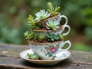 Stacked Tea Cup Garden - Aerial view of vintage teacups and saucers stacked artistically and planted with miniature succulents and alpine plants, whimsical garden art