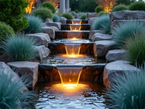 Stepped Water Cascade - Close-up detail of a geometric stepped water cascade with multiple levels, featuring illuminated water channels and surrounded by Mexican river rocks and blue fescue grass