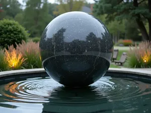 Stone Sphere Water Feature - Large polished granite sphere floating on a thin film of water, rotating slowly, surrounded by minimal plantings and accent lighting