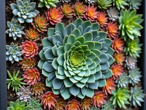 Succulent Vertical Art - Close-up detail of a framed living wall artwork created entirely with colorful succulents in a precise mandala pattern, showing intricate plant textures and colors