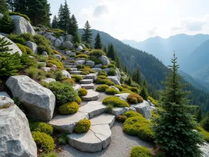 Terraced Rock Garden Vista - Wide-angle view of a terraced rock garden with multiple levels of natural stone, featuring alpine plants and dwarf conifers creating a mountainous microlandscape