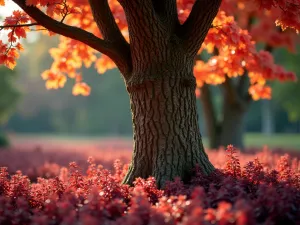 Tibetan Cherry Excellence - Close-up of Tibetan cherry tree's glossy mahogany bark catching morning light, underplanted with burgundy heuchera