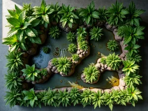 Tropical Living Wall Cascade - Aerial view of a multi-level vertical garden installation featuring exotic philodendrons, bird's nest ferns, and orchids, with a small water feature creating a tropical atmosphere