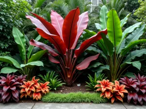 Tropical Mixed Border Display - Wide shot of a lush tropical border centered around a dramatic red banana plant, complemented by cannas, elephant ears, and colorful coleus, showing bold foliage contrasts