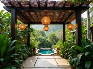 Tropical Paradise Pergola - Wide angle view of a dark wood pergola with bamboo roof, surrounded by tropical plants, hanging orchids, and rattan pendant lights