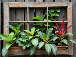 Tropical Window Frame Garden - Aerial view of a salvaged wooden window frame repurposed as a planter, filled with colorful tropical plants including crotons, caladiums, and bromeliads