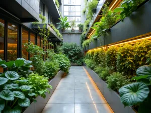 Urban Pocket Garden Wall - Wide-angle shot of a compact urban courtyard featuring a floor-to-ceiling vertical herb garden with integrated LED lighting, mixing ornamental and edible plants in stainless steel planters