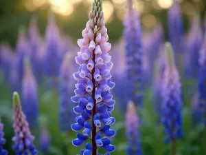 Vertical Accent Mixed Border - Dramatic close-up of a Delphinium tower as a vertical accent, surrounded by gradually descending layers of lupins, campanula, and creeping phlox, captured during peak bloom