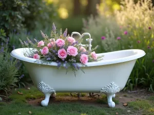 Victorian Bathtub Garden - Wide angle view of a white clawfoot bathtub filled with pink roses, lavender, and silver artemisia, positioned in a cottage garden setting, morning light