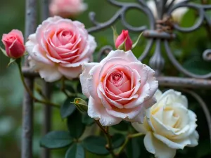 Victorian Climbing Rose Wall - Romantic close-up of climbing roses on an ornate Victorian-style metal trellis, mixing heritage varieties in pink and white, with morning dew on the petals