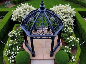 Victorian Iron Gazebo - Aerial view of an ornate black iron gazebo with intricate scrollwork, surrounded by formal English garden beds, climbing white jasmine and string lights