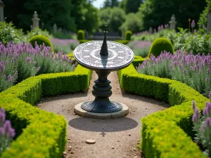 Vintage Garden Sundial - Wide-angle view of an ornate bronze sundial centerpiece set within a formal herb garden, surrounded by symmetrical boxwood hedges and flowering thyme