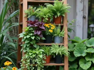 Vintage Ladder Plant Display - Wide shot of a wooden ladder with multiple levels of potted ferns, coleus, and trailing nasturtiums, creating a vertical garden effect