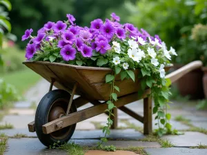 Vintage Wheelbarrow Garden Display - A rustic weathered wooden wheelbarrow filled with cascading purple petunias, white lobelia, and trailing ivy, placed on a stone patio, soft natural lighting, photorealistic